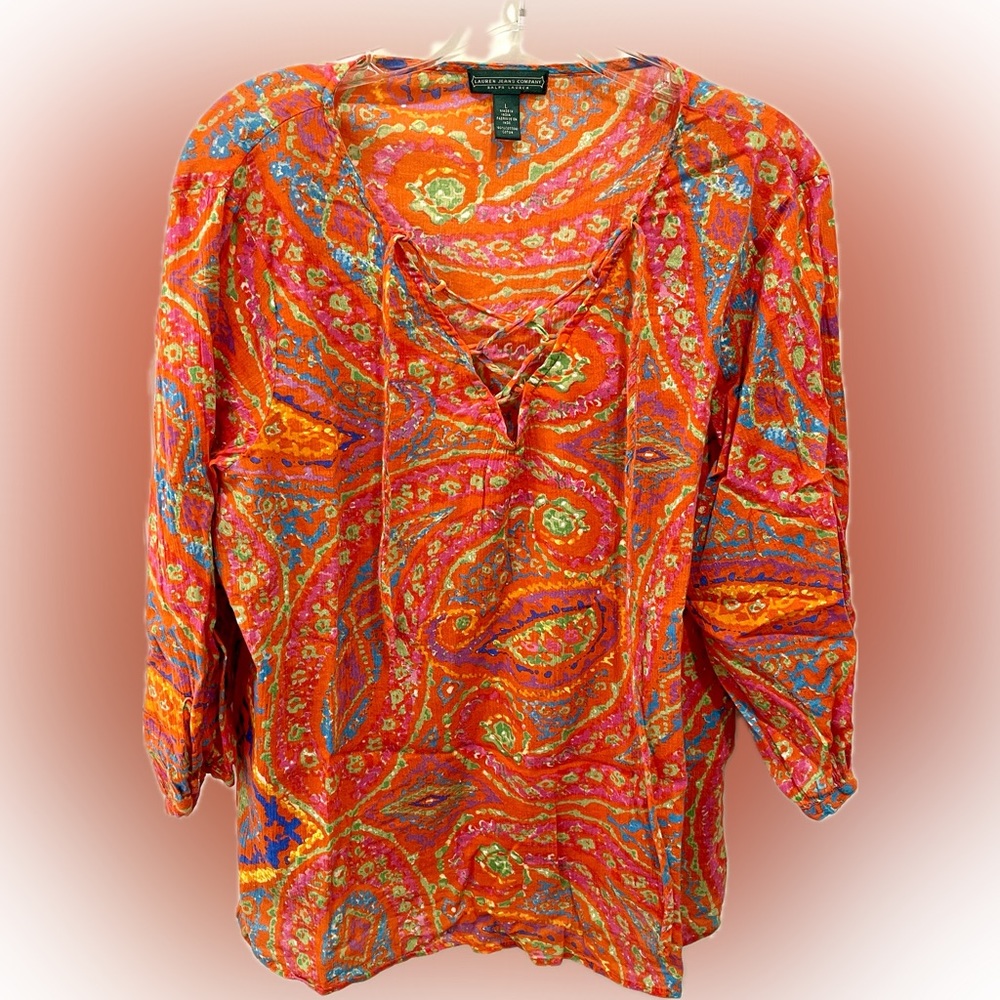 Ralph Lauren -Lauren Jeans Company Boho Chic 100% Cotton Peasant Blouse Ladies L